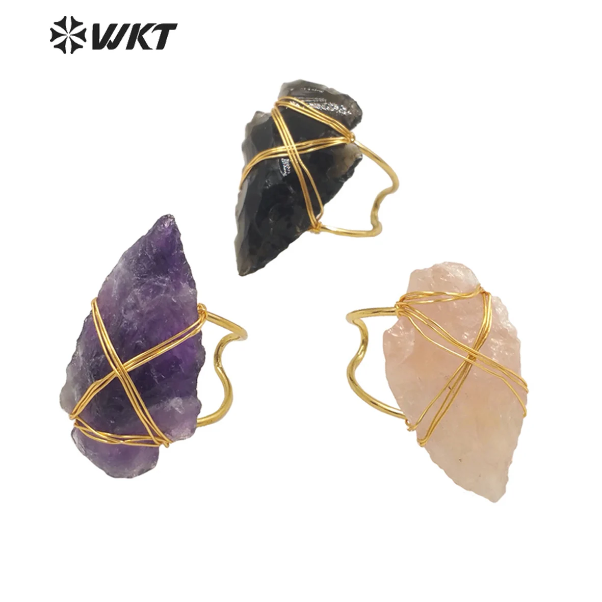 

WT-R390 WKT Unique Design Natural Gemstones Arrow Shape Ring Gold Wire Wrap Amethysts Pink Quartz Ring Women Jewelry Gift