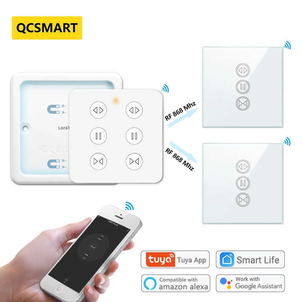 QCSMART Tuya Curtain Switch with 6 Button Remote for Tubular Motor Blinds Roller Shutter Voice Control via Google Home Alexa