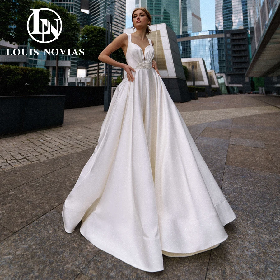 

LOUIS NOVIAS Satin Wedding Dresses Vestidos De Novia Backless Bridal Gowns Wide Straps Simple A-Line Elegant Bride Bride Dresses
