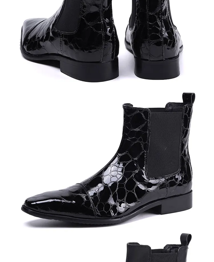 Frühlingsswarze kurze Stiefel mit Krokodilmuster, modische Stiefel, quadratischer Kopf, Lackleder, nackte Chelsea-Kurzstiefel für Herren – Detail 6