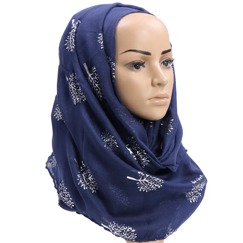 Luxury Designer Silver Tree TR Cotton Scarf Hijab Shimmer Glitter Scarves Women Muslim Hijab Headscarf Navy Blue Scarf 180*90cm