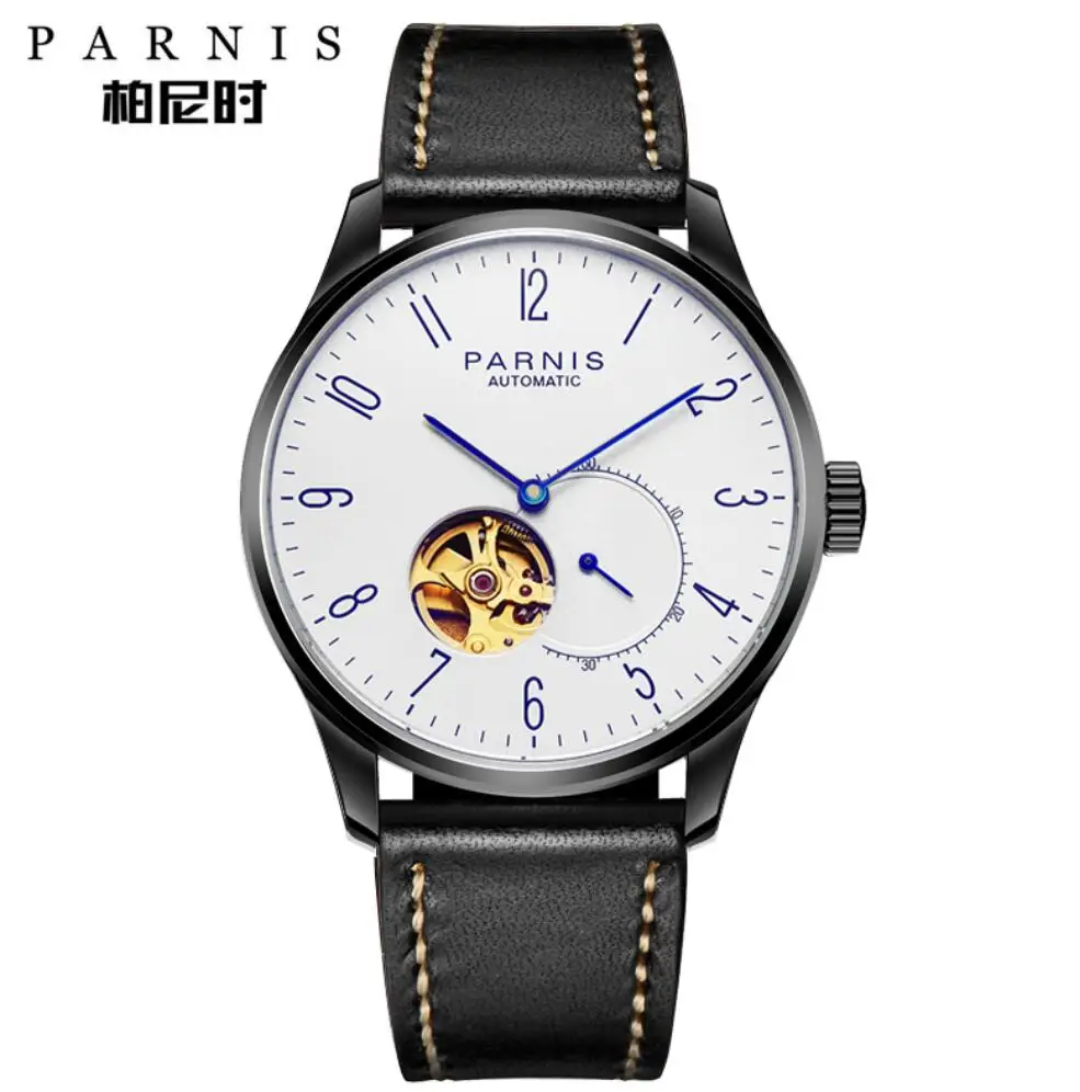 

Parnis 41.5MM Mechanical Men Watches Sapphire Crystal Stainless Case Leather Band Hollow miyota Automatic Men's Watch