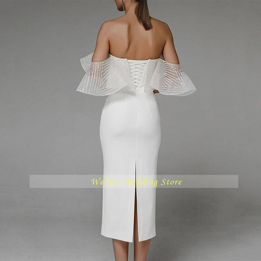 Abito da sposa bianco civile semplice guaina con volant senza spalline abito da sposa con spacco posteriore lunghezza del tè Vintage Vestido De Novia