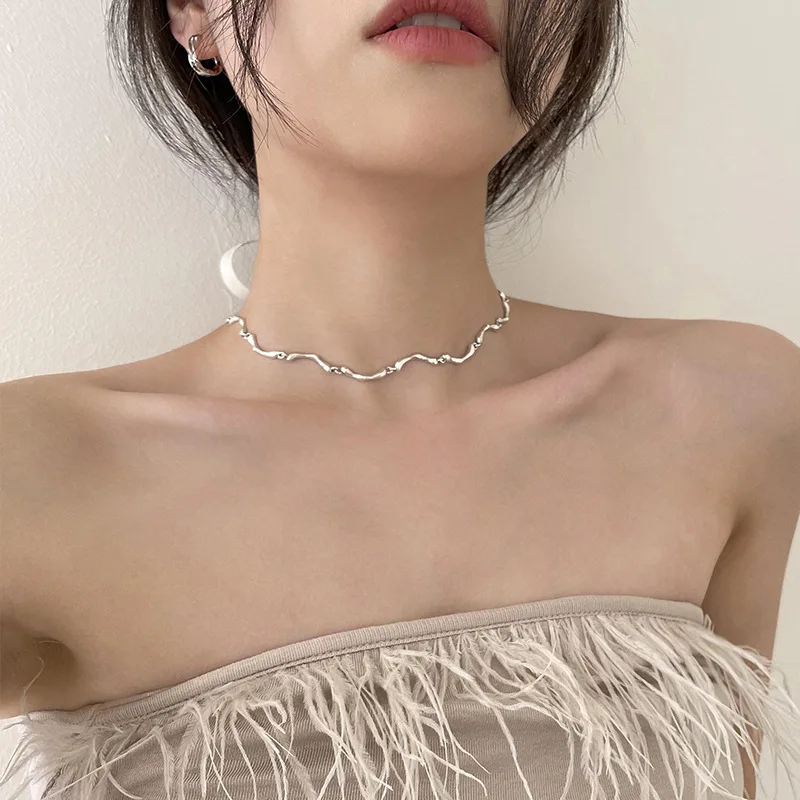 925 sterling silver irregular wave necklace girls personality niche design sense Korean fashion trend ins clavicle chain choker