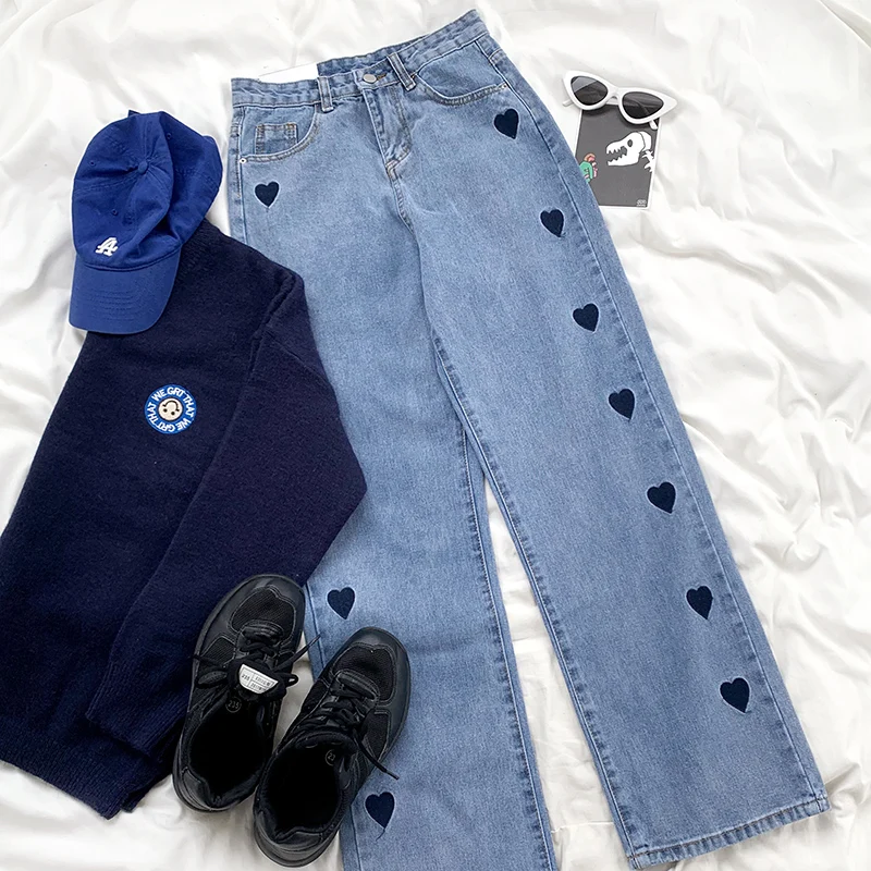 Frauen Blau Jeans 2021 Frühling Herz Stickerei Streetwear Hohe Taille Gerade Lange Hosen Vintage Harajuku Casual Denim Hosen