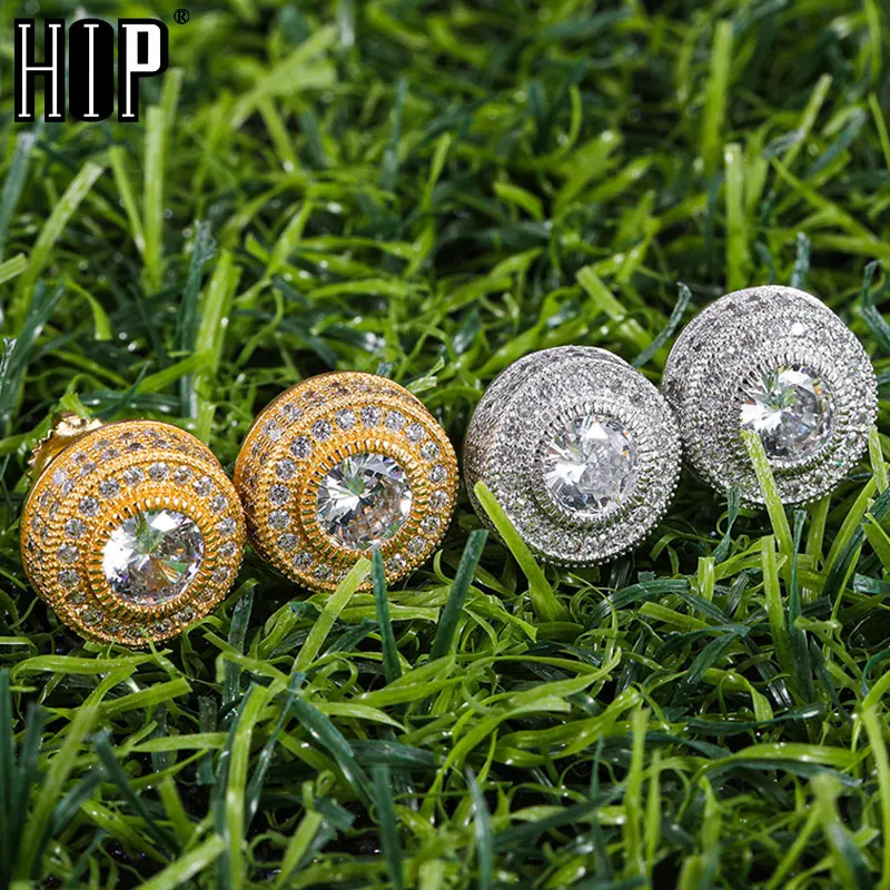 Hip HOP 1Pair Micro Full Paved Round Rhinestone Zircon CZ Stone Bling Iced Out Stud Earring Copper Earrings For Men Jewelry