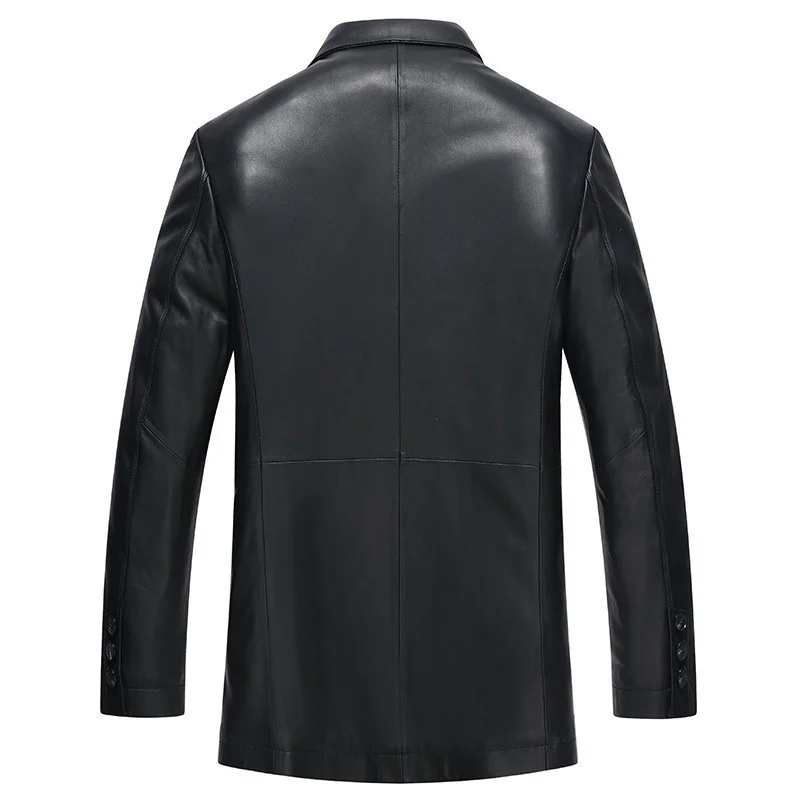 Casual Smart Spring New Mens Genuine Leather Jackets Long Sleeve Single Breasted Sheepskin Male Medium Length Coats Plus Size