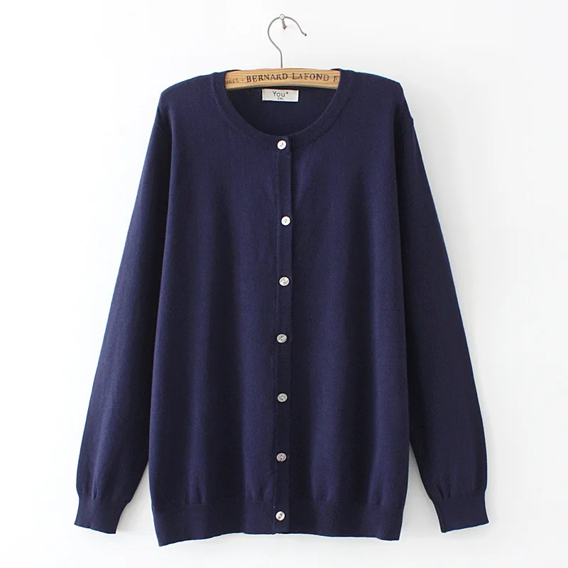 Autumn Winter Plus Size Cardigan Sweater Woman Fashion Navy Blue Solid Color O-Neck Full Sleeve Knitted Thin Jumpers