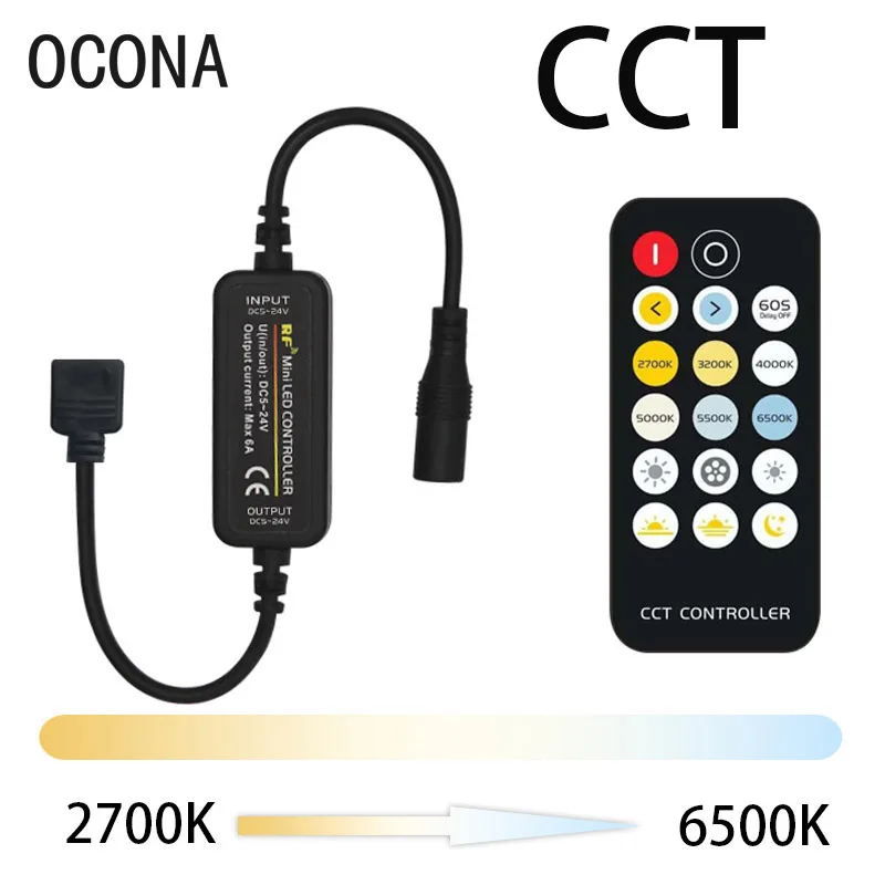 RF Remote CCT LED Controller For Bicolor LED Strip Light DC 5V~24V Color Temperature Adjustment Danymic White Dimmer 17-Key