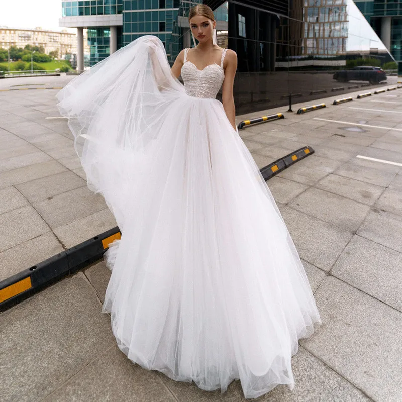 Vestido de novia plisado de encaje con tirantes finos y perlas para playa, moderno y sencillo traje de novia, barato, 2021