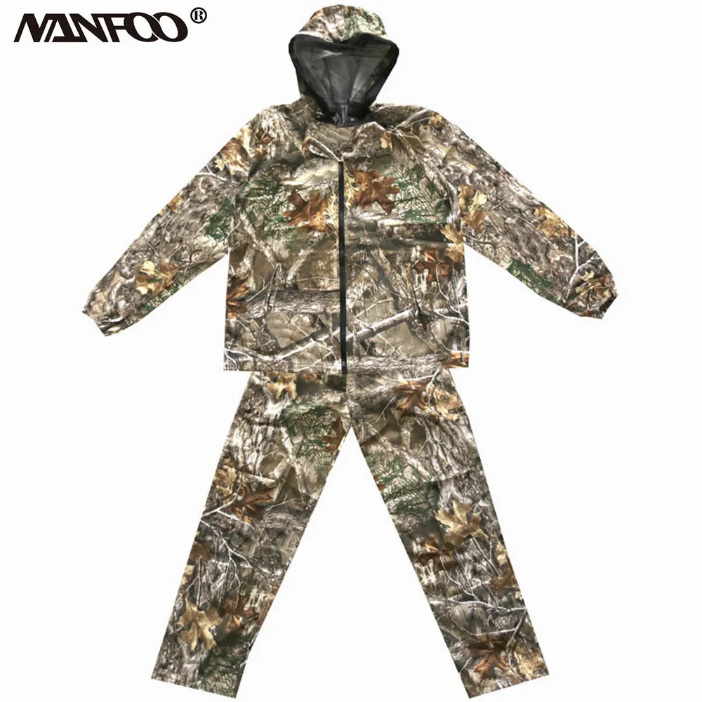 NEW Spring Autumn Bionic Camouflage Hunting Clothing Sunproof Anti-Mosquito Fishing Suit Climbing Camping Hooded Jacket Pants