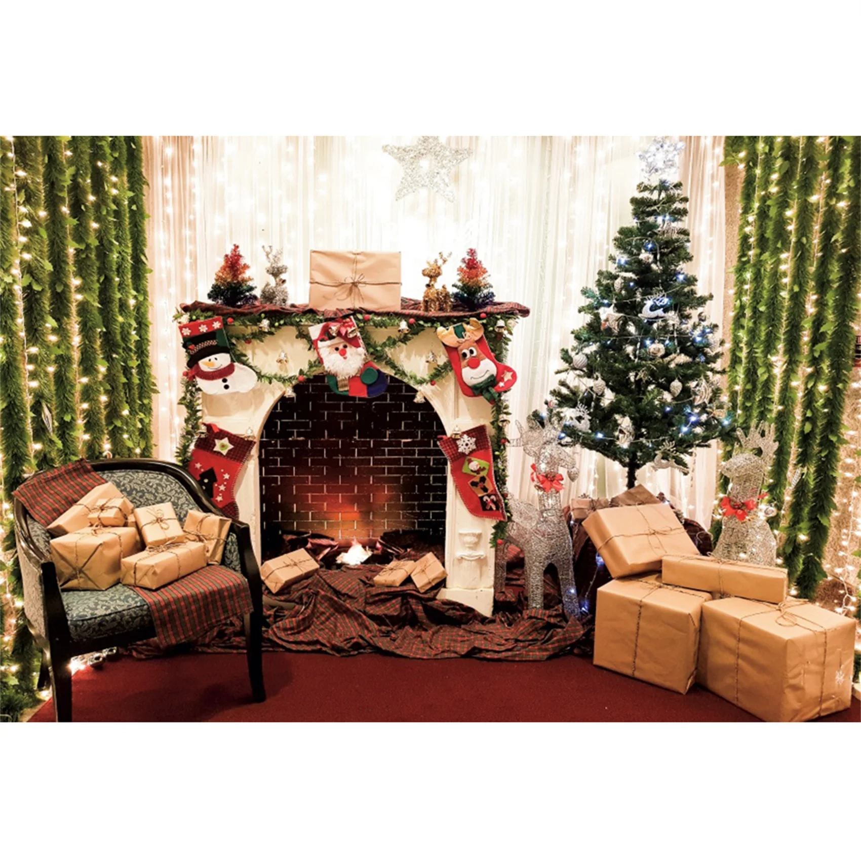 Laeacco ประณีตภายในต้นคริสต์มาสเตาผิงวันเกิดภาพฉากหลังถ่ายภาพพื้นหลังสำหรับ Photo Studio