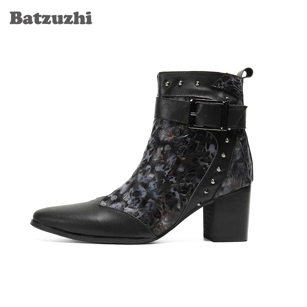 Batzuzhi 7.5CM High Heels Men's Leather Boots Formal Gentlemen Business & Party Leather Ankle Boots Men Bota Masculina, Big Size