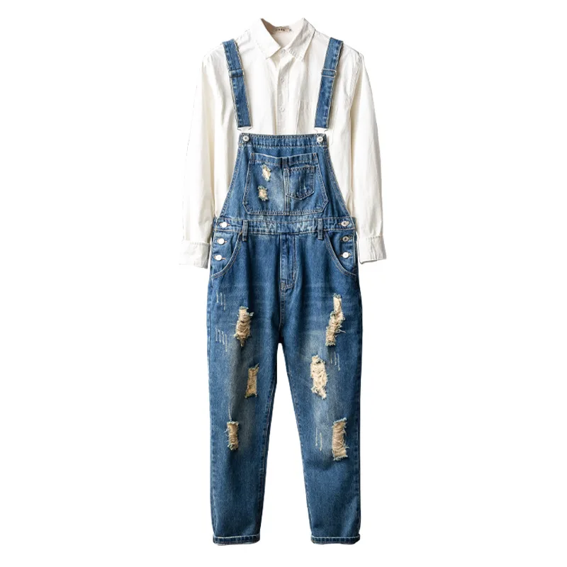 Retro Men's Denim Overalls Summer Ripped Cropped Trousers Nostalgic One-piece Motorcycle Tooling Suspenders Jeans Cargo Pants