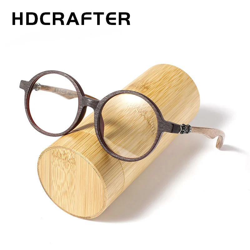 HDCRAFTER Vintage Round Wood Optical Glasses Frame Men Myopia Women Prescription Glasses Eyeglasses Wooden Eyewear Spectacles