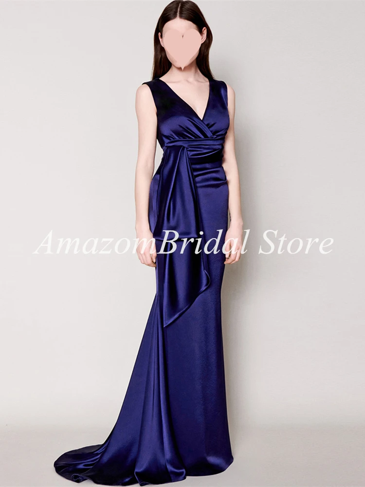 

Long Women Celebrity Dresses Vintage Navy Blue V-Neck Banquet Evening Elegant Night Gown robes de soirée vestidos de fiesta 2022