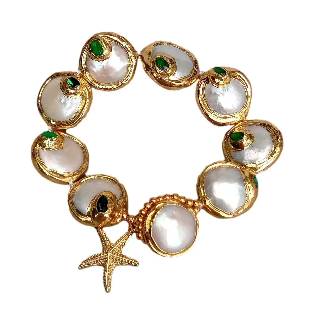 Y·YING Freshwater Cultured White Coin Pearl Green Crystal Bracelet Seastar Charm