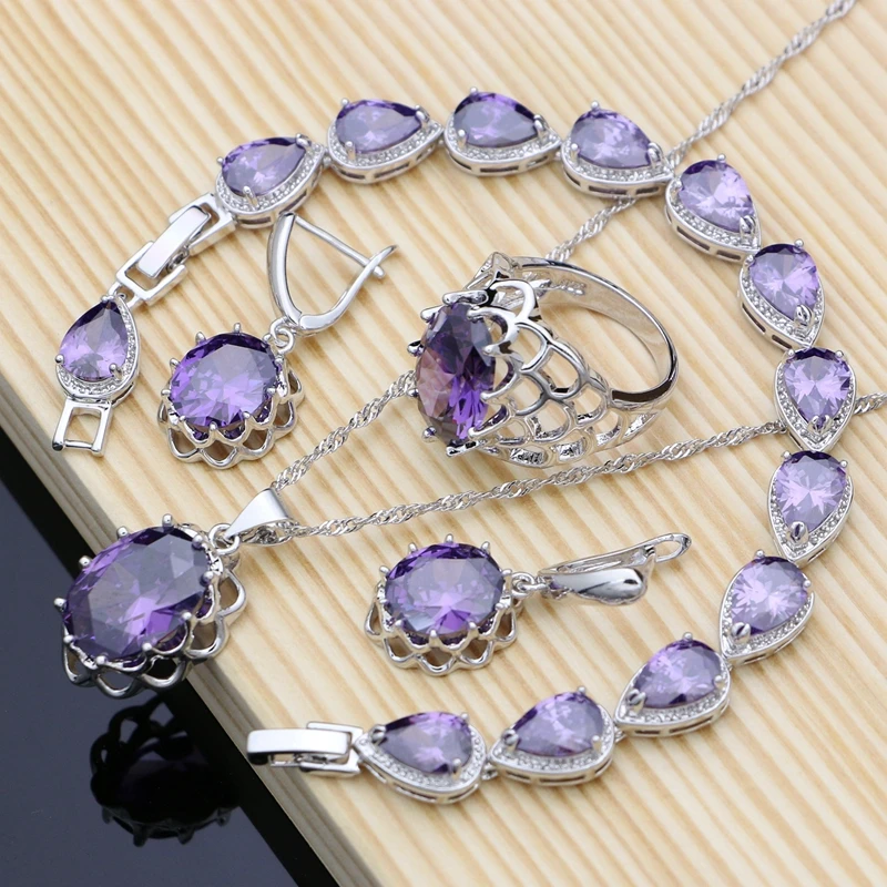 

Women Birthstone Silver 925 Jewelry Sets Purple Amethyst Crystal Exquisite Lady Earrings Ring Fashion Collares Set Dropshipping
