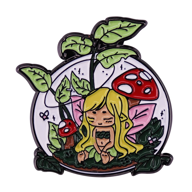 Blonde girl Forest Elf Lapel Pin Cartoon Leaf Mushroom Nature Magic Girls Cartoon Brooch Metal Badge