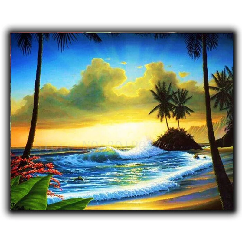 5D Diamond Mosaic Diy Diamond Embroidery Coconut Trees By The Sea Full Diamond Painting Cross Stitch Rhinestone Home Decorations