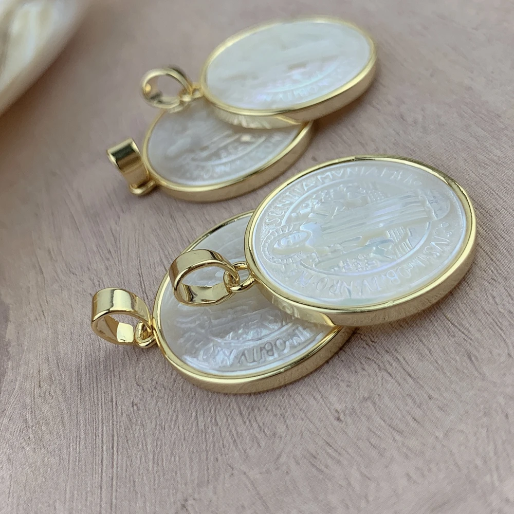Catholicism Saint Benedict Pendants For Jewelry Making Round Mother of Pearl Shell Medal Necklace Charms