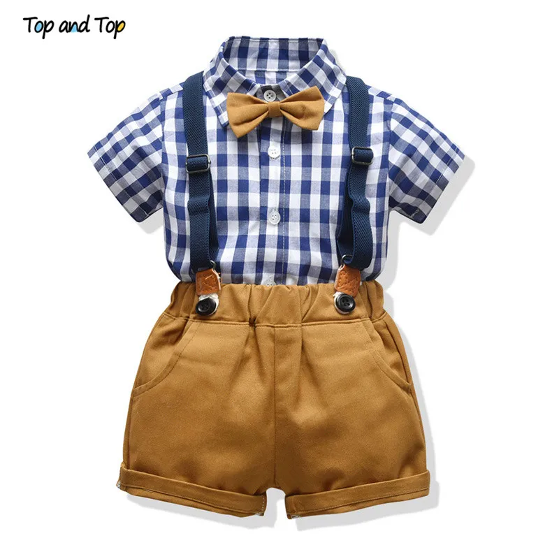 Top and Top Fashion Toddler Boys Clothing Sets Cotton Plaid Short Sleeve Shirt+Suspenders Shorts Baby Gentleman 2Pcs Suit