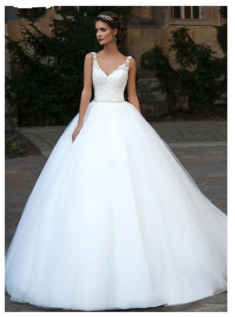 

Wedding Dress Ball Gowns 2020 Puff Tulle V Neck Bridal Gown Dress White Floor Length Bride Dresses Lace Up Back Vestido De Noiva