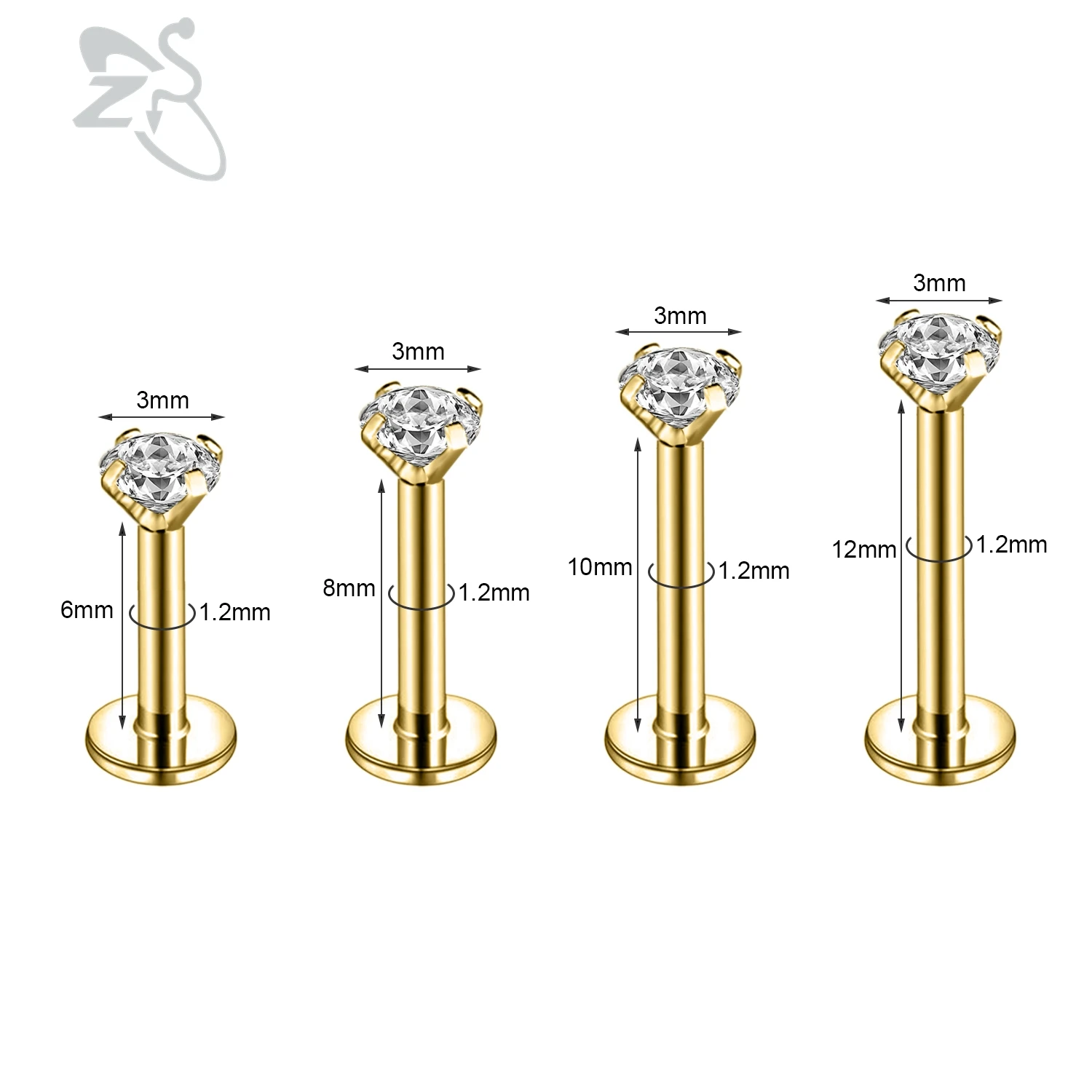 ZS 1PC 6-12MM Piercing Labret in acciaio inossidabile per le donne Crystal Monroe Lip Stud Ring Ear Tragus Helix cartilagine Piercing 16g