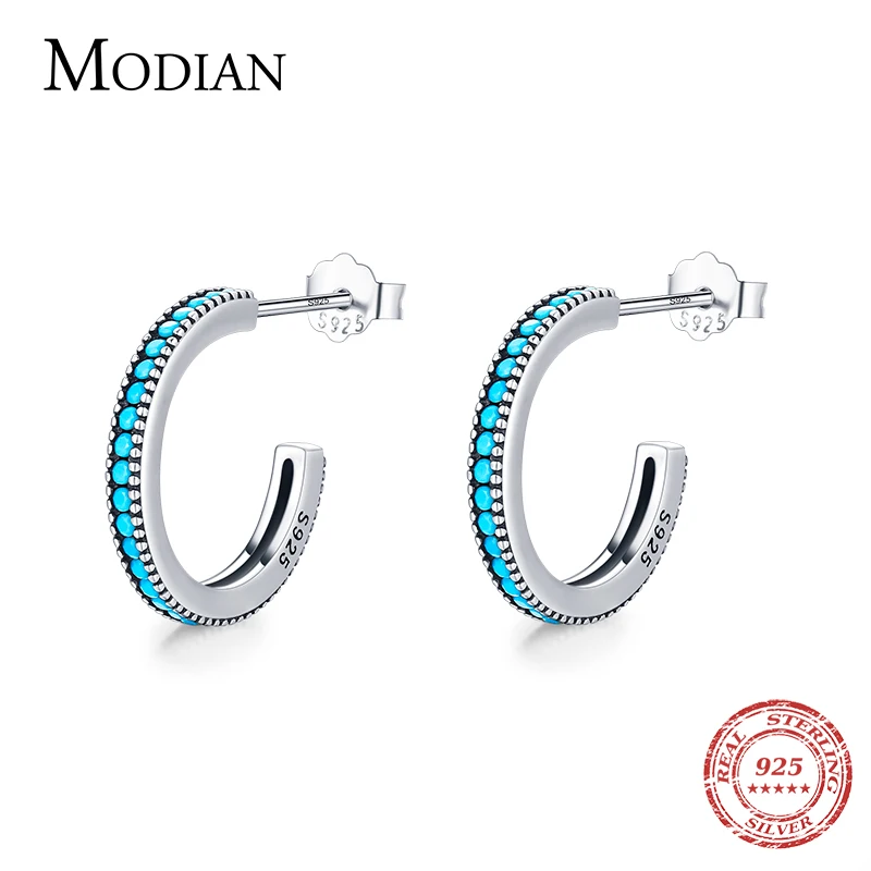 Modian 100% 925 Sterling Silver Round Vintage Elegant Natural Turquoise Female Stud Earrings For Women Fine Jewelry Brincos