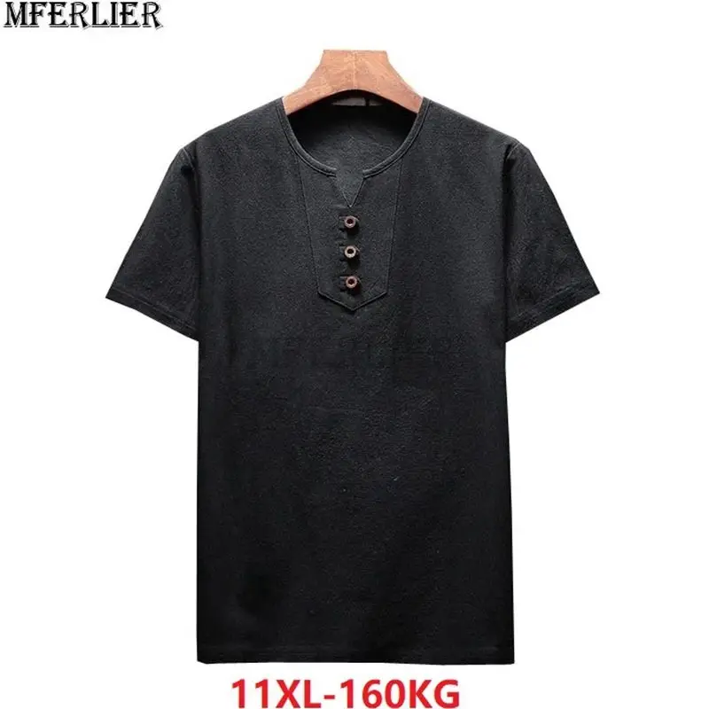 plus size 11XL 160kg summer men linen cotton t-shirts short sleeve Chinese style vintage tees oversize hkaki khaki mferlier blue