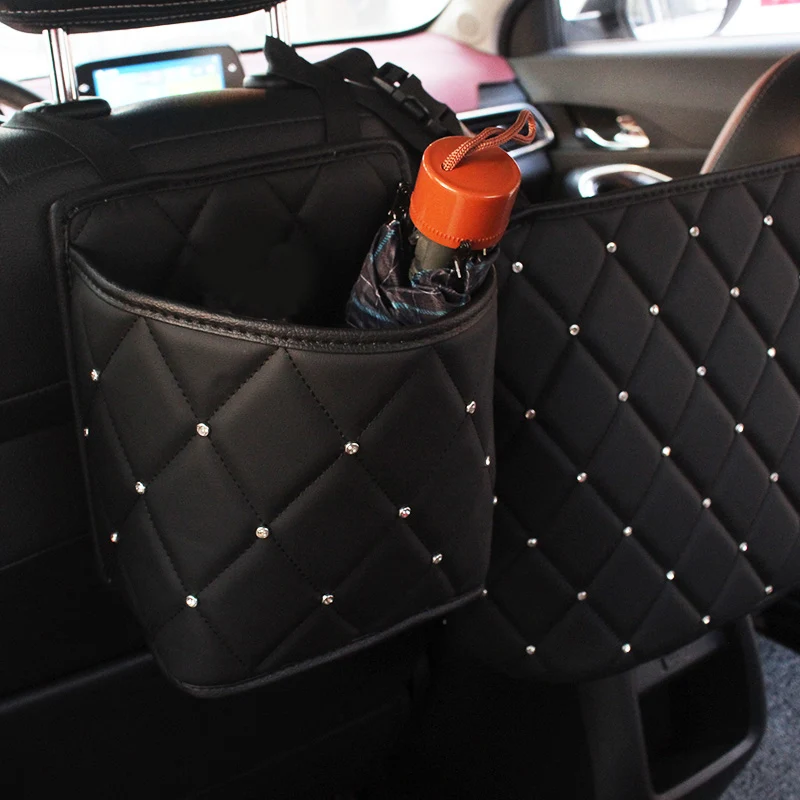 Crystal Rhinestone PU Leather Car Storage Bag Organizer Barrier of Backseat Holder Multi-Pockets Car Container Stowing Tidying