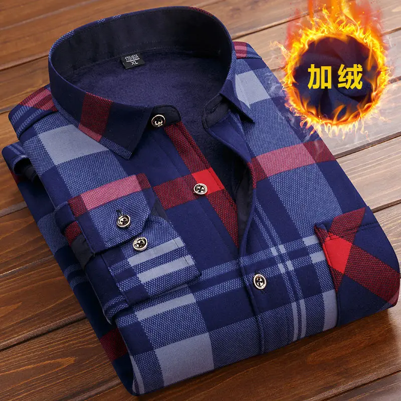 2024 New Autumn Winter Men Fleece Shirt Fashion Plaid Thick Keep Warm Shirt Male Print Long Sleeve Business Big size Shirt L-6XL