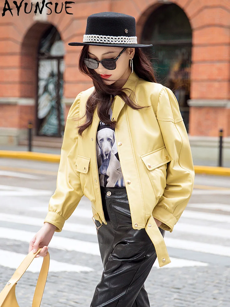 AYUNSUE High Quality Genuine Leather Jacket Women Yellow Real Sheepskin Coat Female Korean Clothes Coats and Jackets Women 2021