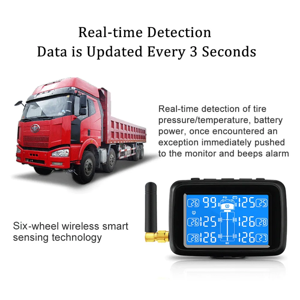 Universal Truck BUS Wireless TPMS Tire Pressure Monitoring System Color LCD Display with 6 External Sensors