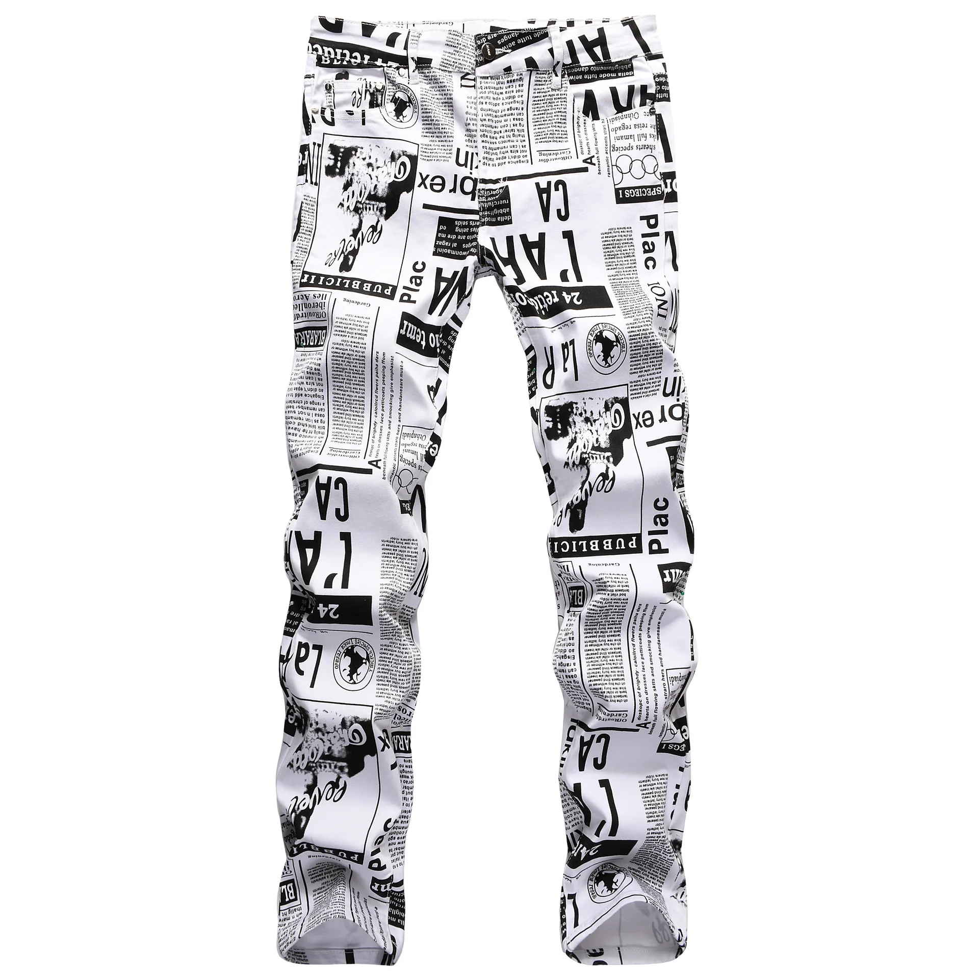 Men’s High Quality Street Fashion Prints Jeans,Slim-fit Stretch Denim Pants,Newspaper Painting Party Jeans,Cool Casual Jeans;