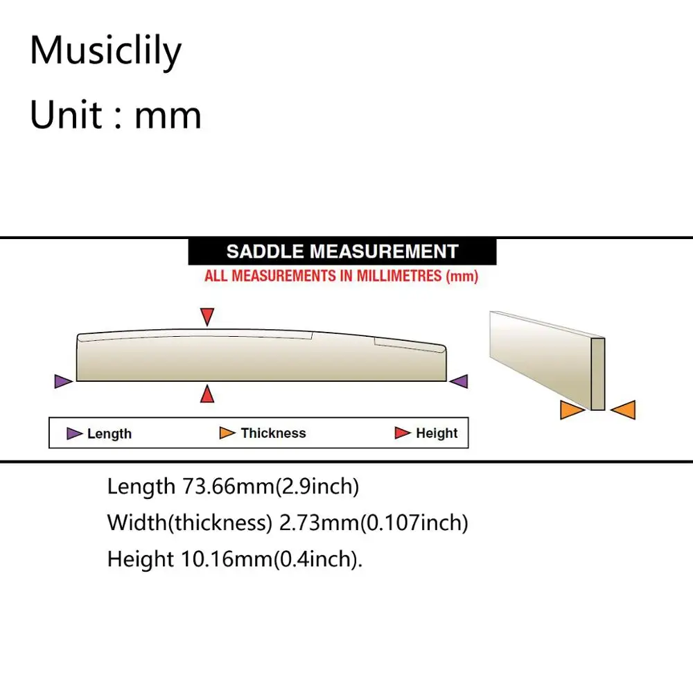 Musiclily Pro 73.66mm Compensated Acoustic Guitar Bone Saddle for 6 String Martin Style, Ivory (Set of 2)