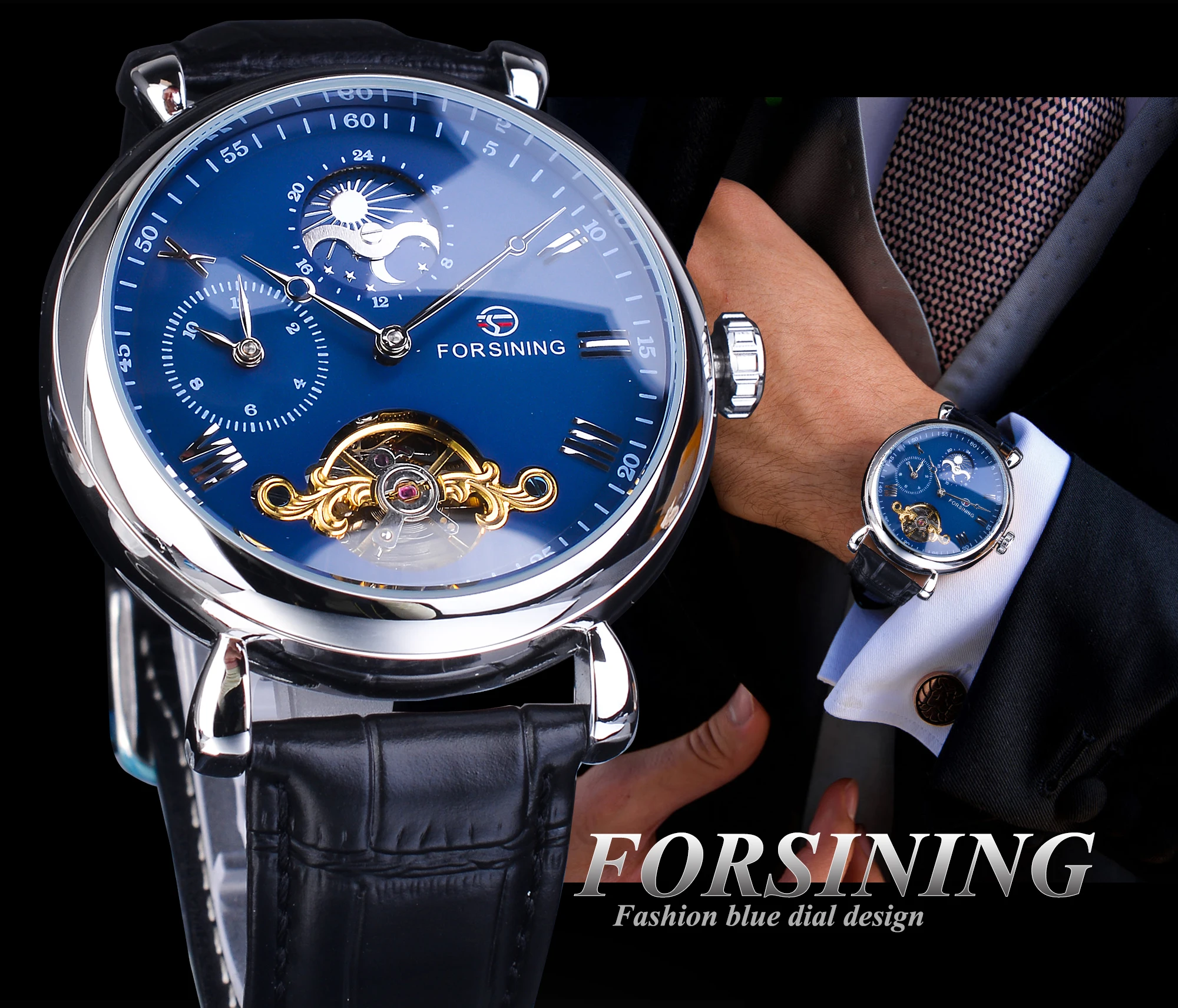 Forsining Dual Time Zone Design Blue Dial Leather Band Automatic Watch New Tourbillon Waterproof Moon Phase Mechanical Watch