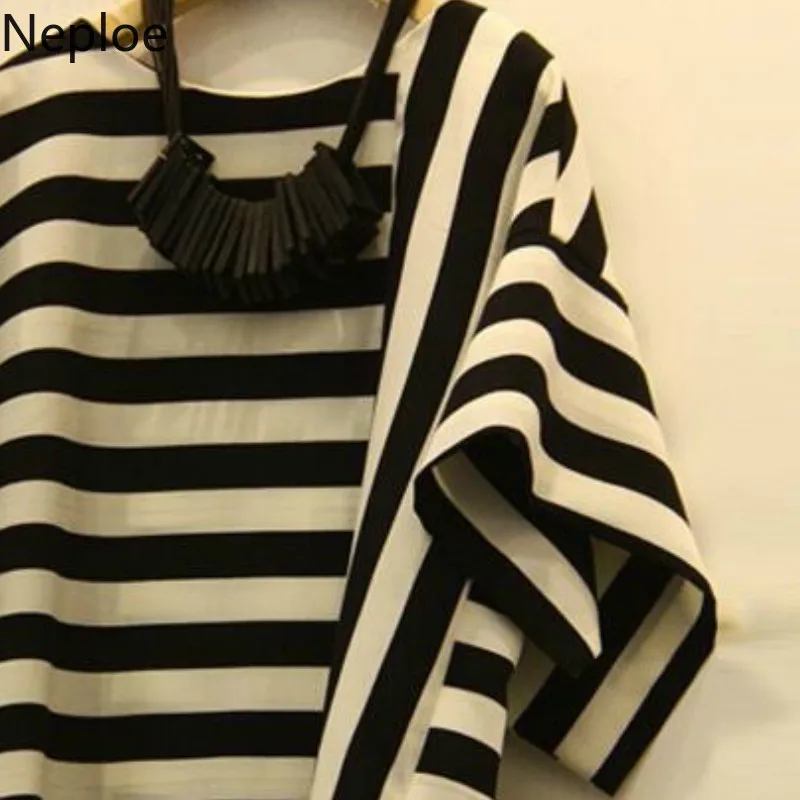 Neploe Striped T Shirt Women Summer 2024 New Arrival O-Neck Short Sleeve Tees Loose Fashion Cotton Ladies Tops 43877