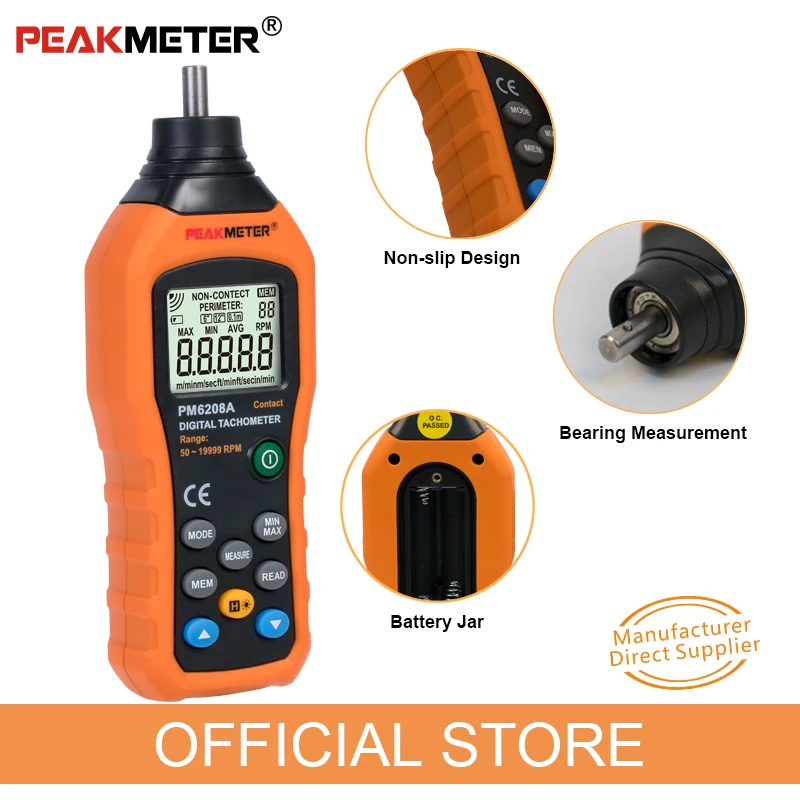 PEAKMETER MS6208A MS6208B High pressional Contact/Non-Contact Digital Tachometer rpm Speed Meter 50~19999RPM Gauge & black Bag