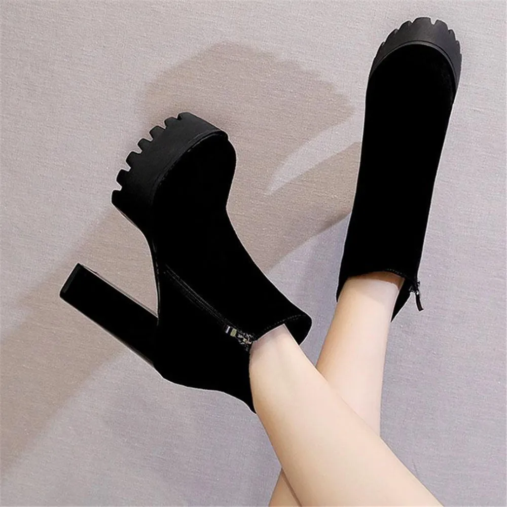 Newest Women Side Zipper Ankle Boots Comfortable Platform Round Toe Thick High Heel Shoes Ladies Fashion Flock 10/12 CM Pumps