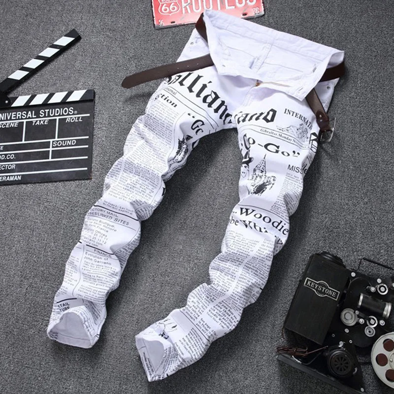 New Famous Brand Fashion Stretch Mens Jeans White Letters Printing Jeans Men Casual Slim Fit Trousers Denim Printed Jeans Pants