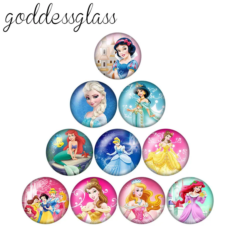 Disney Princesses Elsa Belle Alice ariel 10pcs 12mm/18mm/20mm/25mm Round photo glass cabochon flat back Necklace Making findings