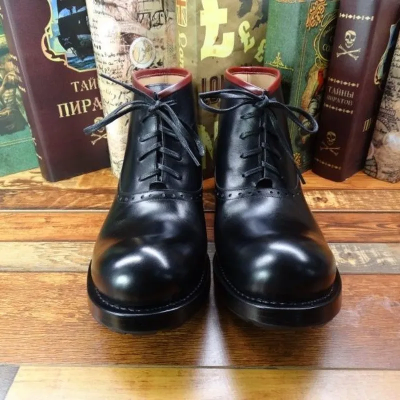 Vintage Mens Motorcycle Bikers Boots Handmade Genuine Leather Work Shoes Large size 45 Lace Up Classic Black Ankle Boots Male