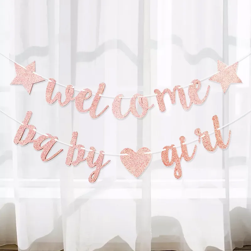 Baby Shower Decoration Banner Pink Five-pointed Star Love Welcome Baby Girl Glitter Garland Party Decoration