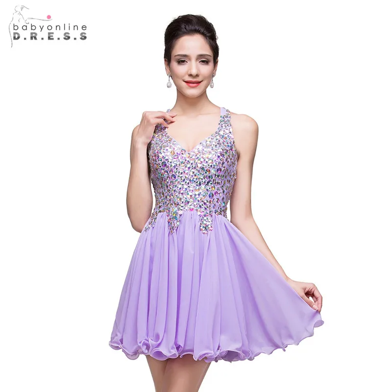 

24 Hours Shipping Purple Crystals Short Cocktail Dresses Sexy V-neck Backless Mini Party Dresses Ruched Robe De Cocktail