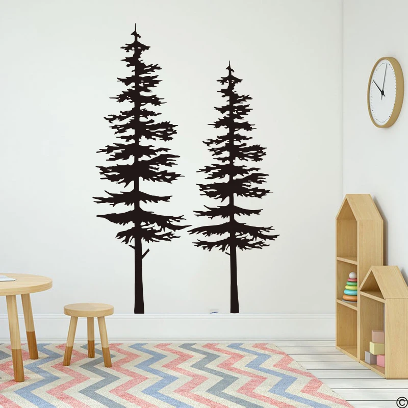 Large 2Pcs Pine Tree Wall Decal Living Room Bedroom Jungle Woodland Wildlife Travel Forest Trees Wall Sticker Kids Room
