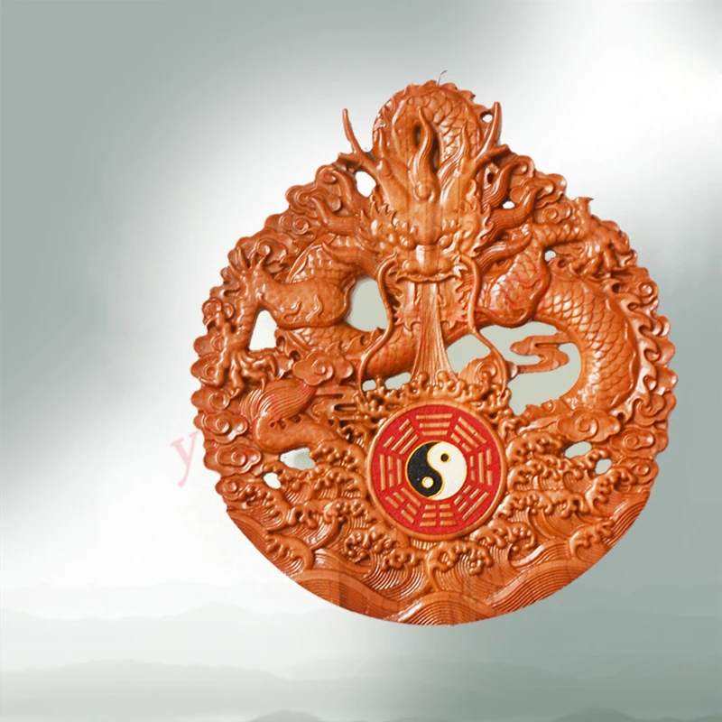 Taoist Geomantic Supplies, Peach Wood, Eight Trigrams, Dragon Playing Water, Eight Trigrams Mirror, Fine Carving Crafts