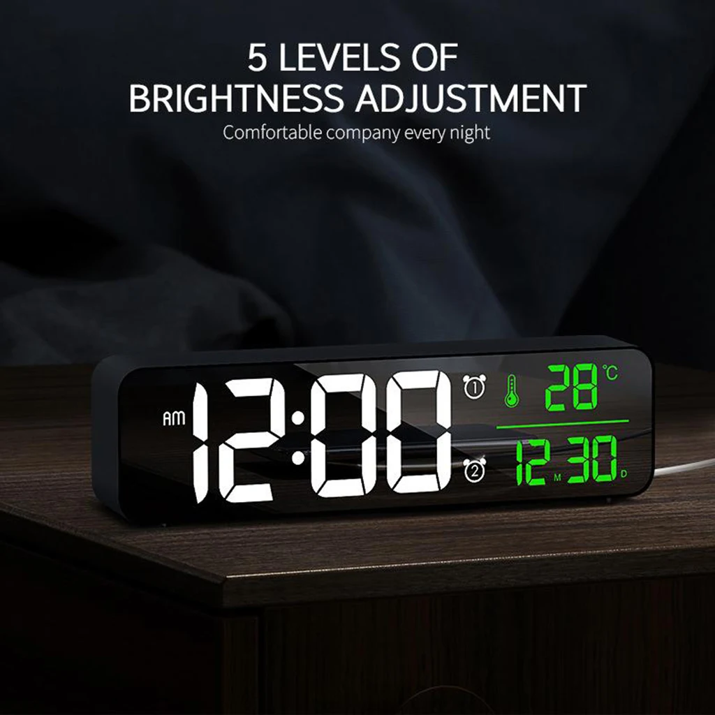 10 Inch Large Screen Digital Alarm Clock Temp Day Calendar AM/PM Mirror Design Wall Clock 40 Music Adjustable Volume Decoration