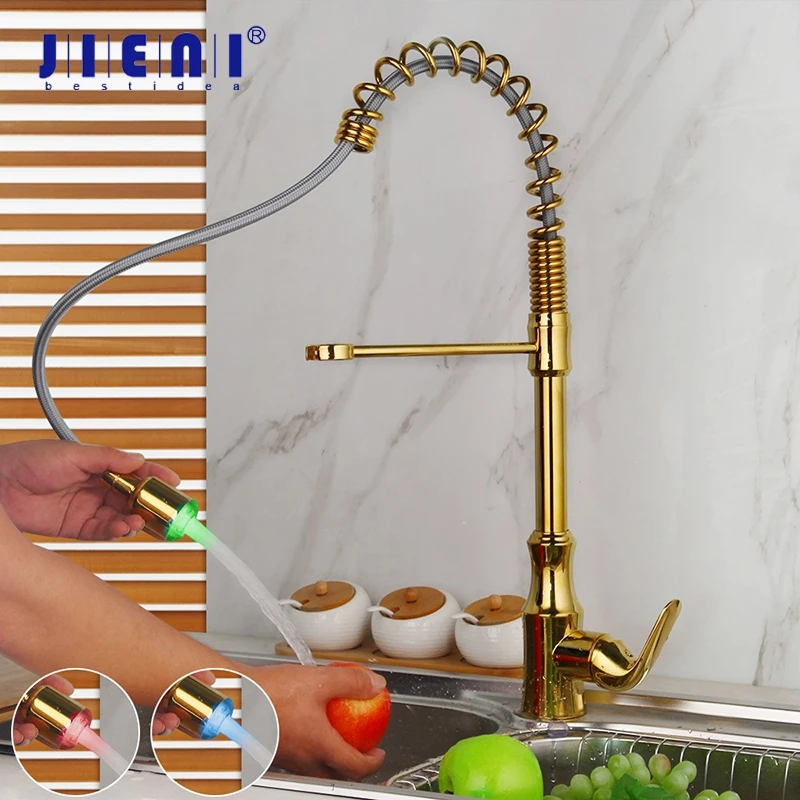 JIENI Gold Polish Kitchen Faucet Golden Vessel Sink Swivel Faucet Washbasin Mixer Taps with LED Pull Down Spring Spray Water Tap