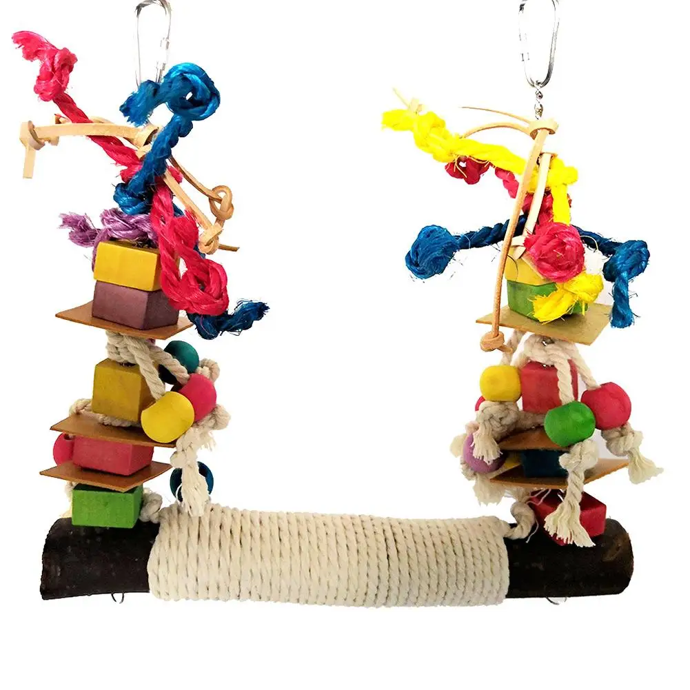 Parrot Toy Bird Bite Toy Perch Wooden Leather Colorful Building Block Cotton Rope Big Swing Standing Training Toys For Pet Birds